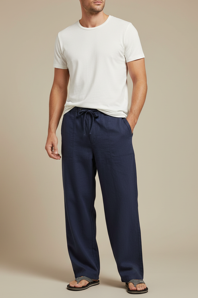 Pantalon Fluide Bleu Marine Ample Lin Décontracté Homme