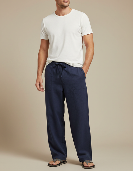 Pantalon Fluide Bleu Marine Ample Lin Décontracté Homme
