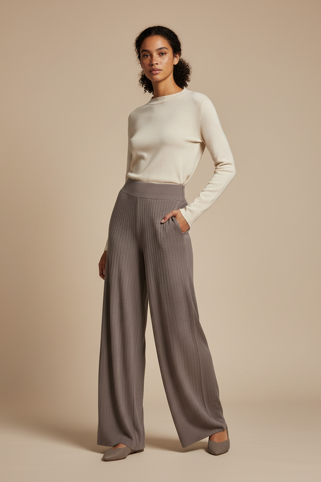 Pantalon Fluide Côtelé Gris Ample Maille Femme