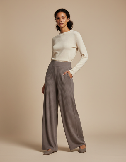 Pantalon Fluide Côtelé Gris Ample Maille Femme