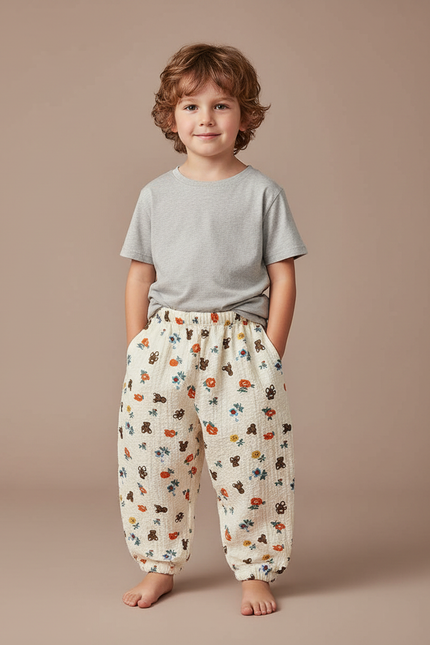 Pantalon Fluide Écru Imprimé Ours Fleuri Ample Coton - Beige