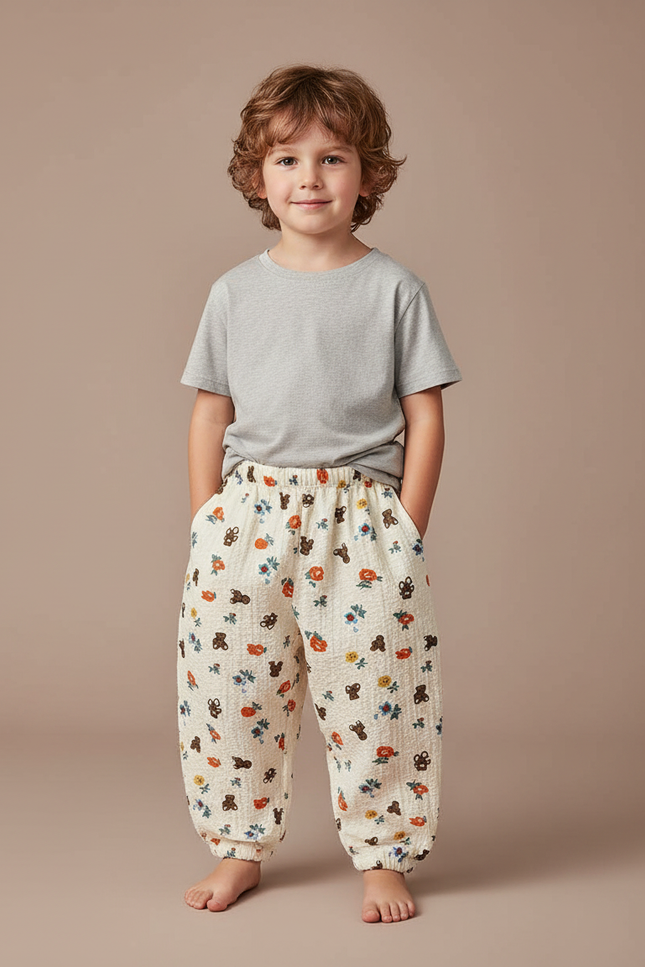 Pantalon Fluide Écru Imprimé Ours Fleuri Ample Coton - Beige