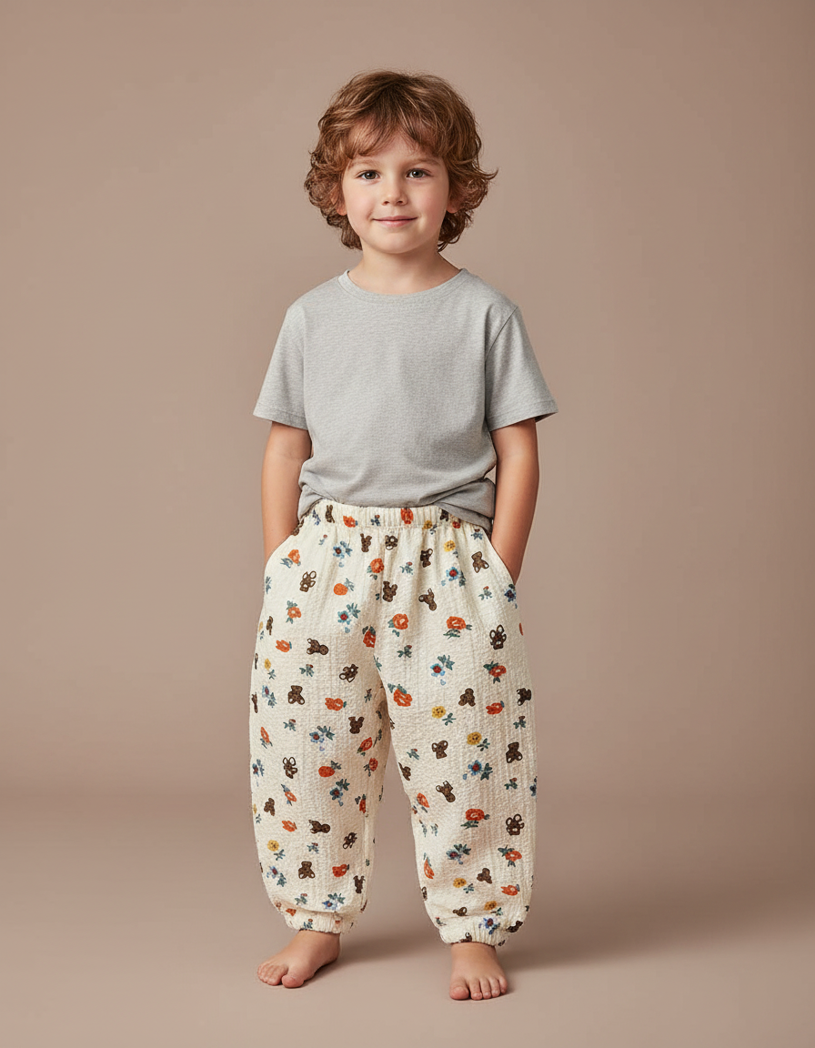 Pantalon Fluide Écru Imprimé Ours Fleuri Ample Coton - Beige