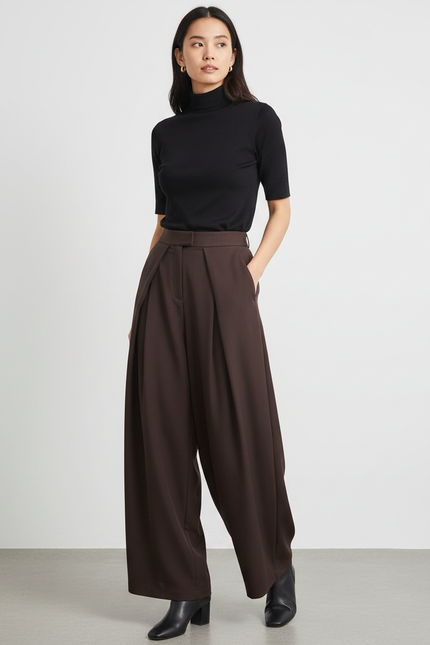 Pantalon Fluide Marron Ample Plissé Élégant - Polyester