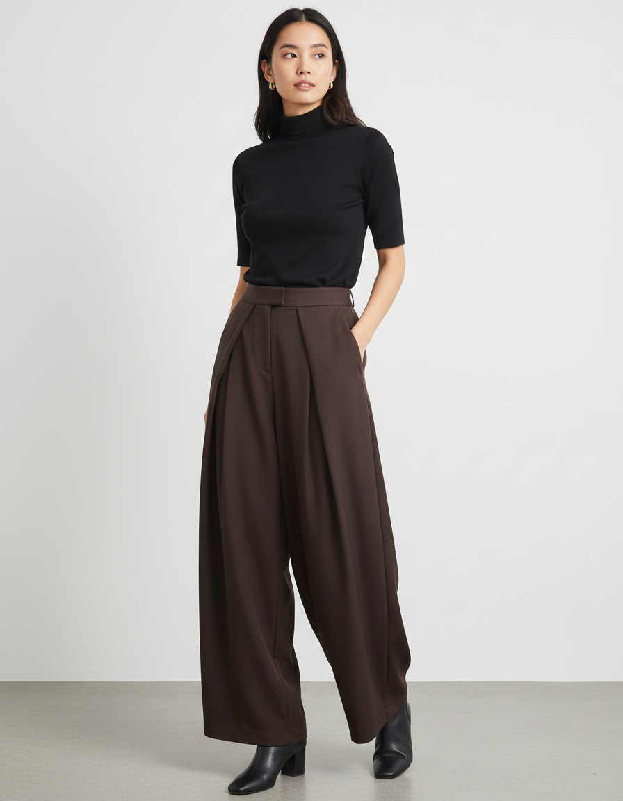 Pantalon Fluide Marron Ample Plissé Élégant - Polyester