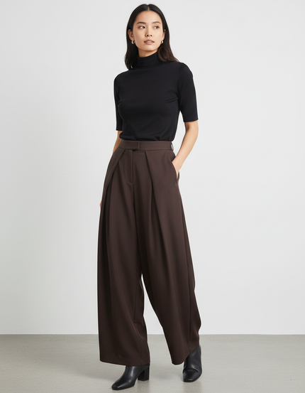 Pantalon Fluide Marron Ample Plissé Élégant - Polyester