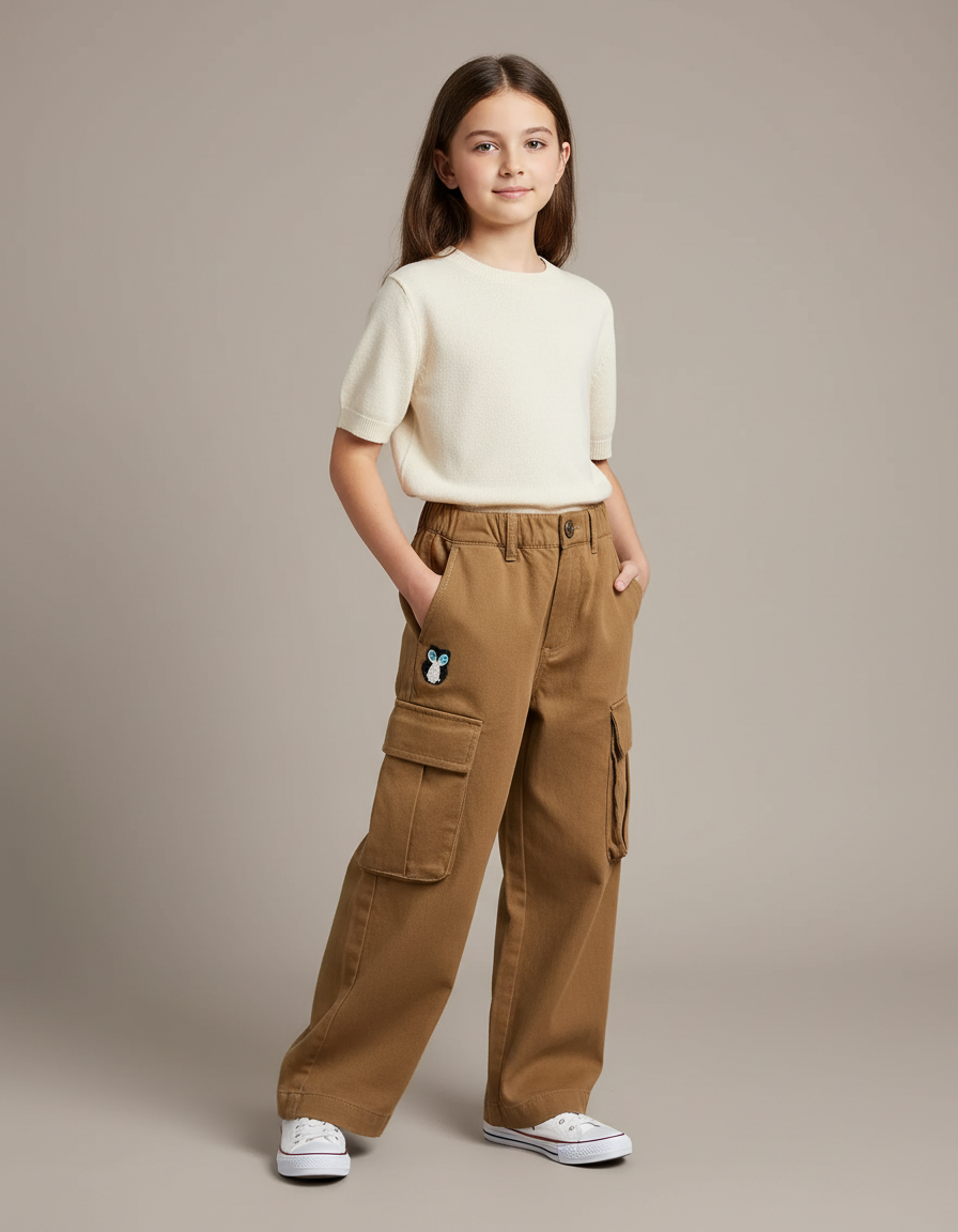 Pantalon Fluide Cargo Marron Ample Coton Enfant