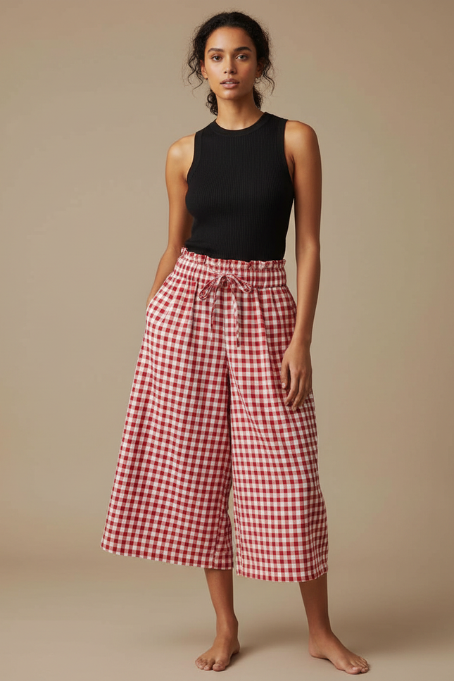 Pantalon Fluide Carreaux Vichy Rouge Ample Taille Froncée - Coton