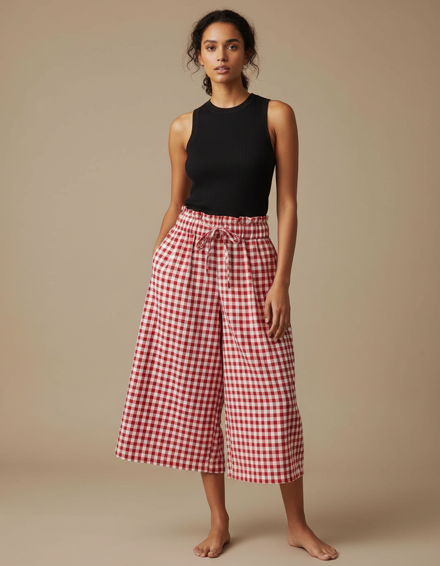 Pantalon Fluide Carreaux Vichy Rouge Ample Taille Froncée - Coton