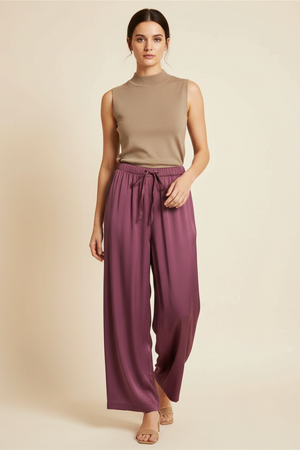 Pantalon Fluide Violet Satiné Ample Décontracté Femme