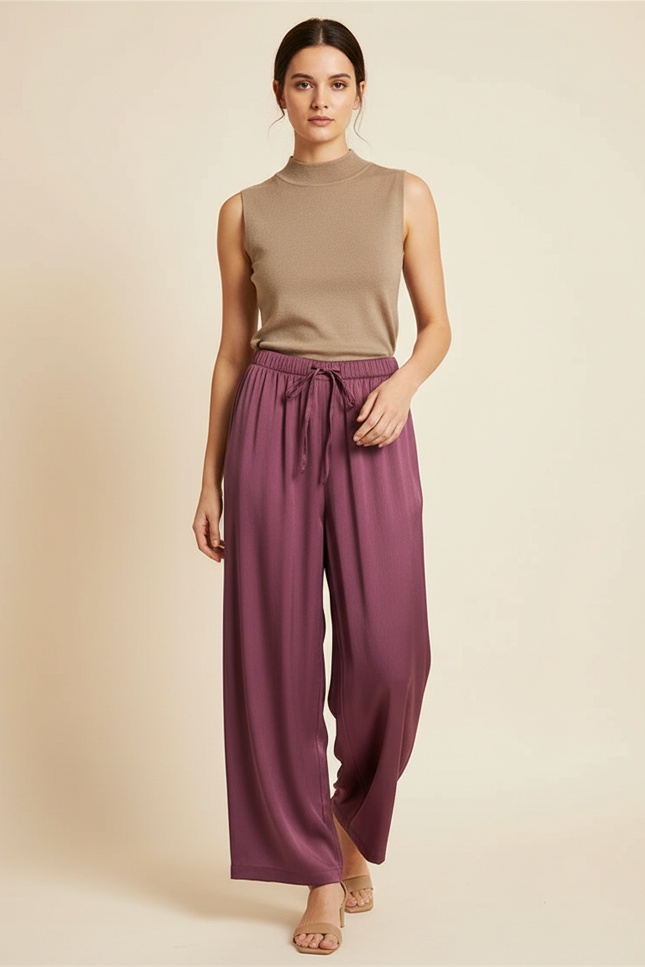 Pantalon Fluide Violet Satiné Ample Décontracté Femme