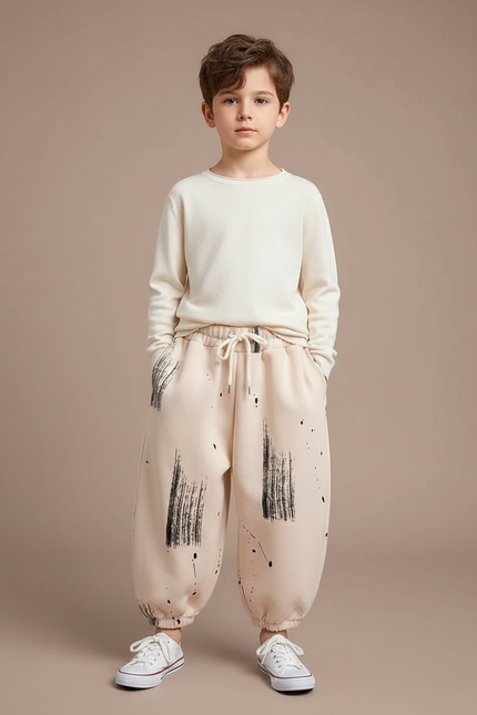 Pantalon Fluide Beige Ample Coton Imprimé Décontracté Garçon - Molleton