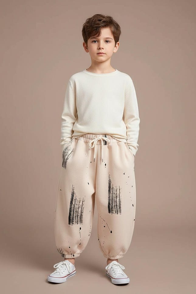 Pantalon Fluide Beige Ample Coton Imprimé Décontracté Garçon - Molleton