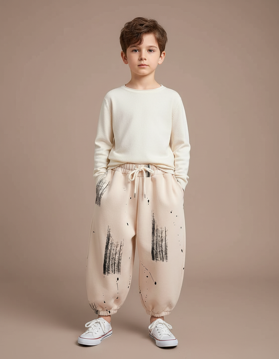 Pantalon Fluide Beige Ample Coton Imprimé Décontracté Garçon - Molleton