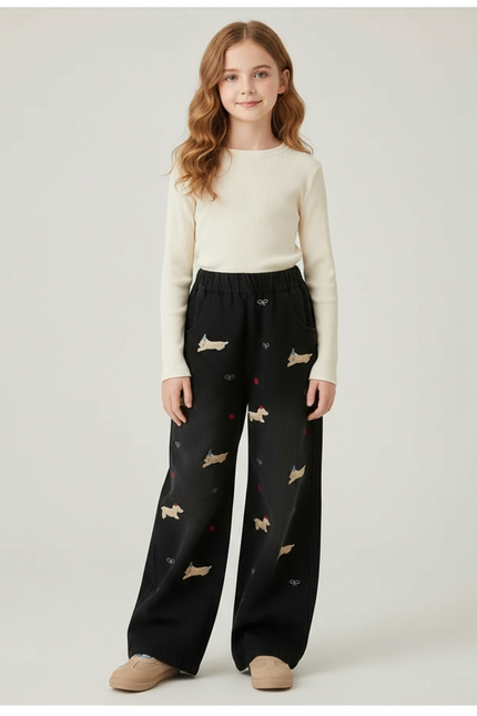 Pantalon Fluide Noir Brodé Chien Ample Fille - Jean