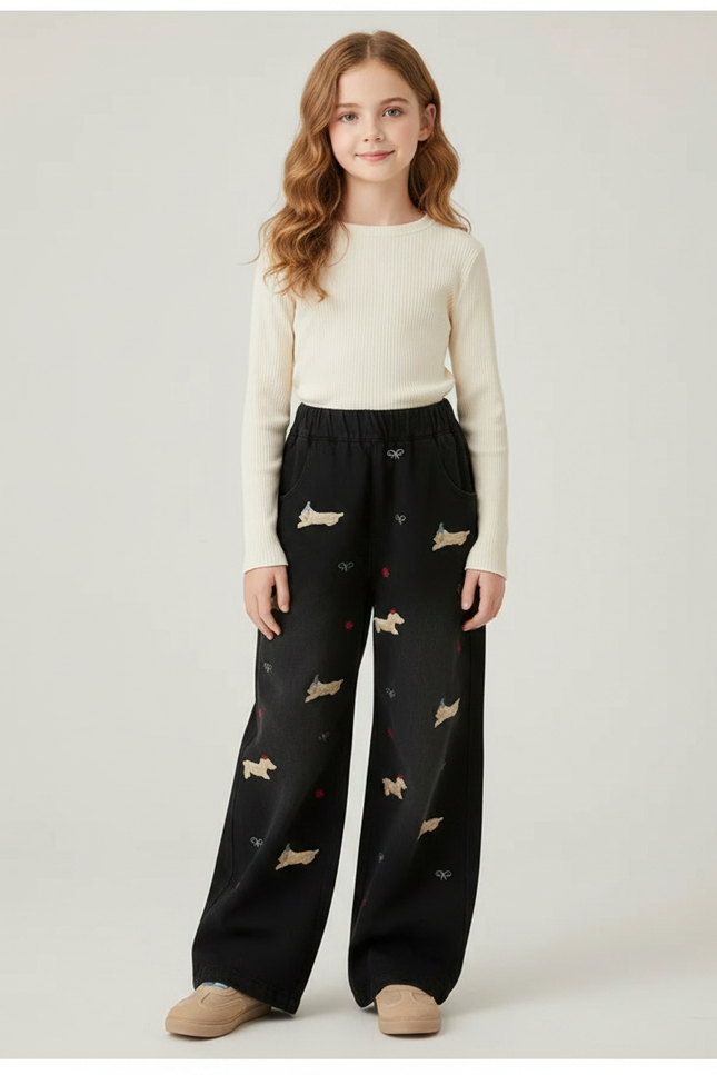 Pantalon Fluide Noir Brodé Chien Ample Fille - Jean