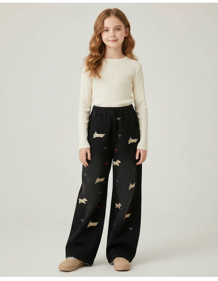 Pantalon Fluide Noir Brodé Chien Ample Fille - Jean