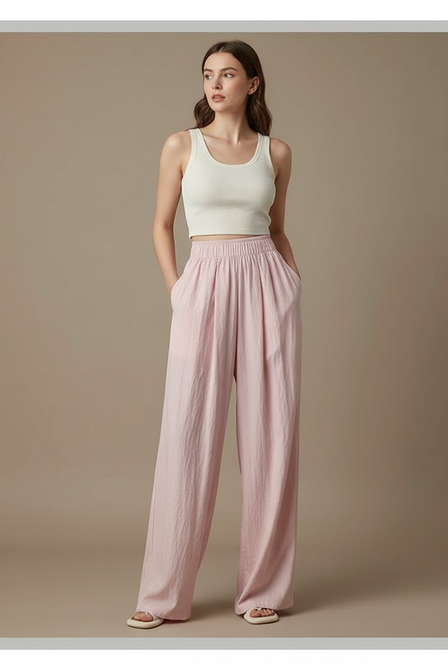 Pantalon Fluide Rose Ample Décontracté Léger - Lin