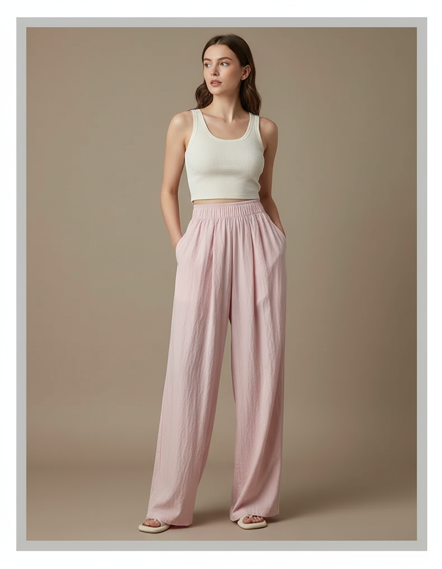 Pantalon Fluide Rose Ample Décontracté Léger - Lin