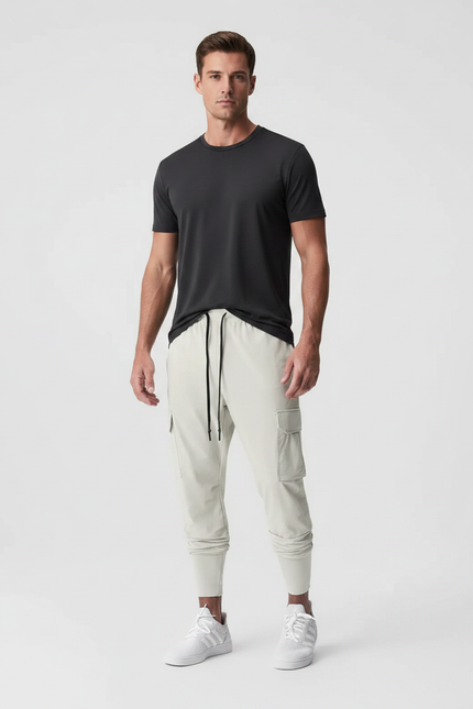 Pantalon Fluide Resserré En Bas - Beige Polyester