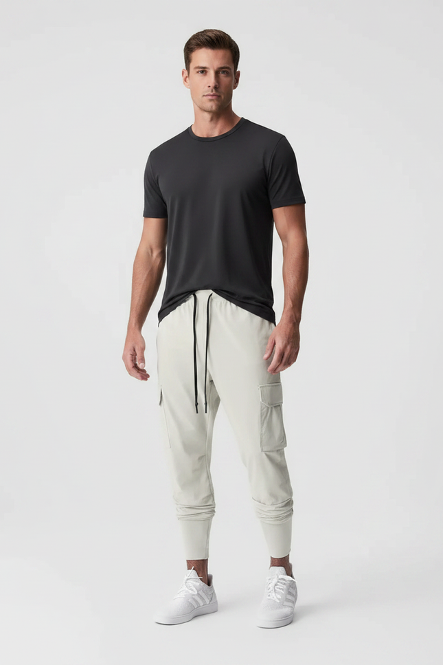 Pantalon Fluide Resserré En Bas - Beige Polyester