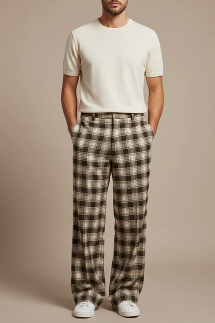 Pantalon Fluide Carreaux Marron Ample Décontracté Homme - Tweed