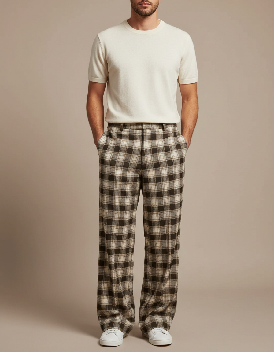 Pantalon Fluide Carreaux Marron Ample Décontracté Homme - Tweed