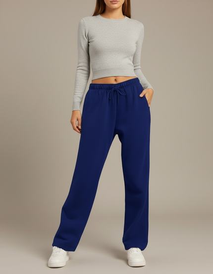 Pantalon Fluide Bleu Marine Ample Cordon Décontracté Confortable - Molleton