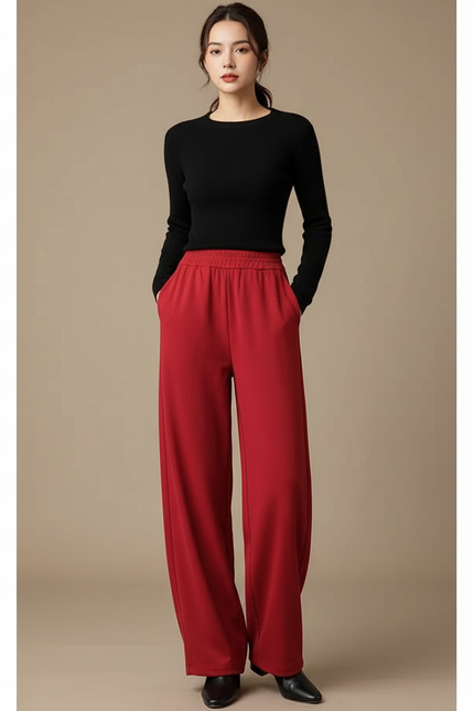 Pantalon Fluide Rouge Ample Taille Haute Femme - Maille