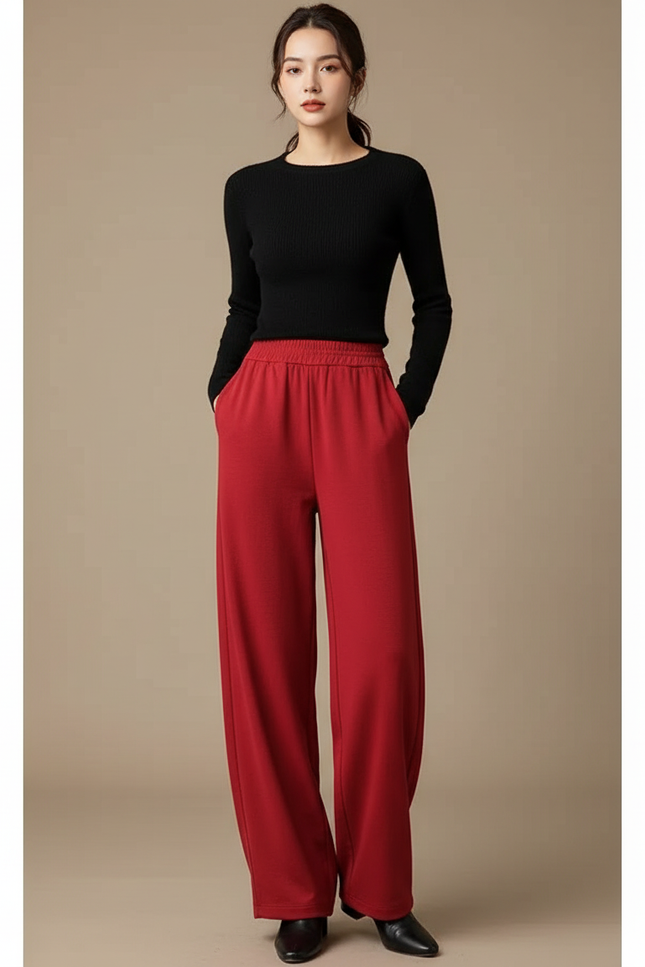Pantalon Fluide Rouge Ample Taille Haute Femme - Maille