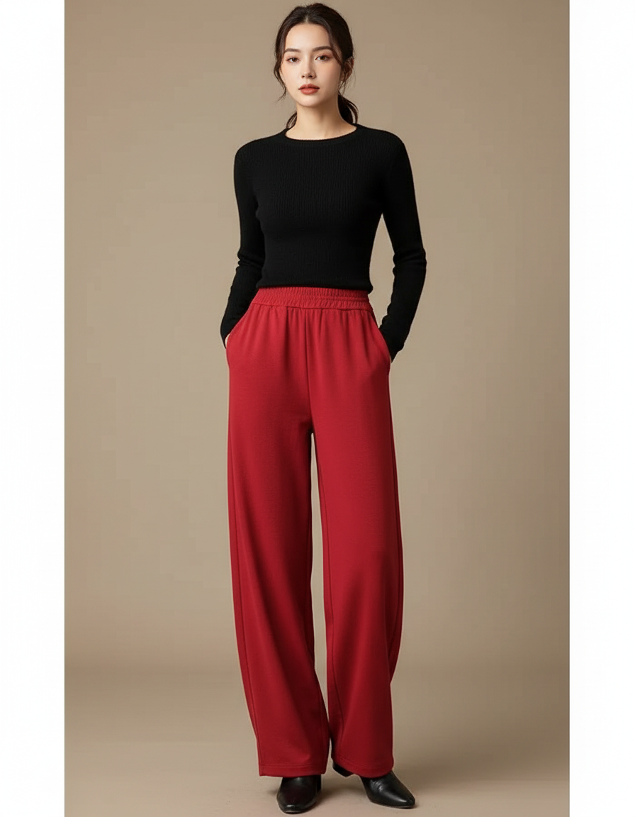 Pantalon Fluide Rouge Ample Taille Haute Femme - Maille