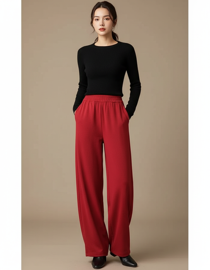 Pantalon Fluide Rouge Ample Taille Haute Femme - Maille