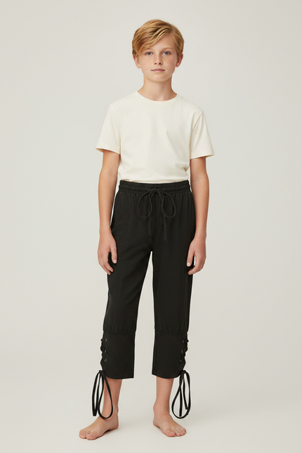 Pantalon Fluide Noir Ample Coton Lacets Garçon