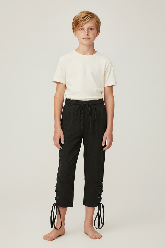 Pantalon Fluide Noir Ample Coton Lacets Garçon