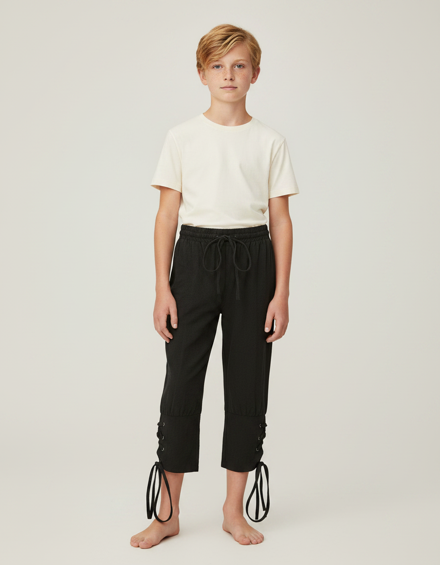 Pantalon Fluide Noir Ample Coton Lacets Garçon