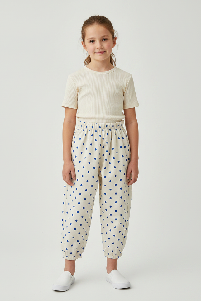 Pantalon Fluide Beige Pois Ample Coton Enfant
