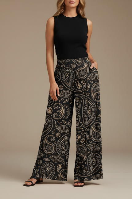 Pantalon Fluide Noir Ample Imprimé Paisley Chic - Viscose