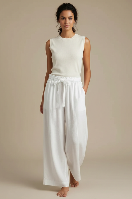 Pantalon Fluide Blanc Ample Taille Haute Lin Femme