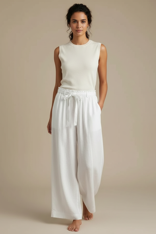 Pantalon Fluide Blanc Ample Taille Haute Lin Femme
