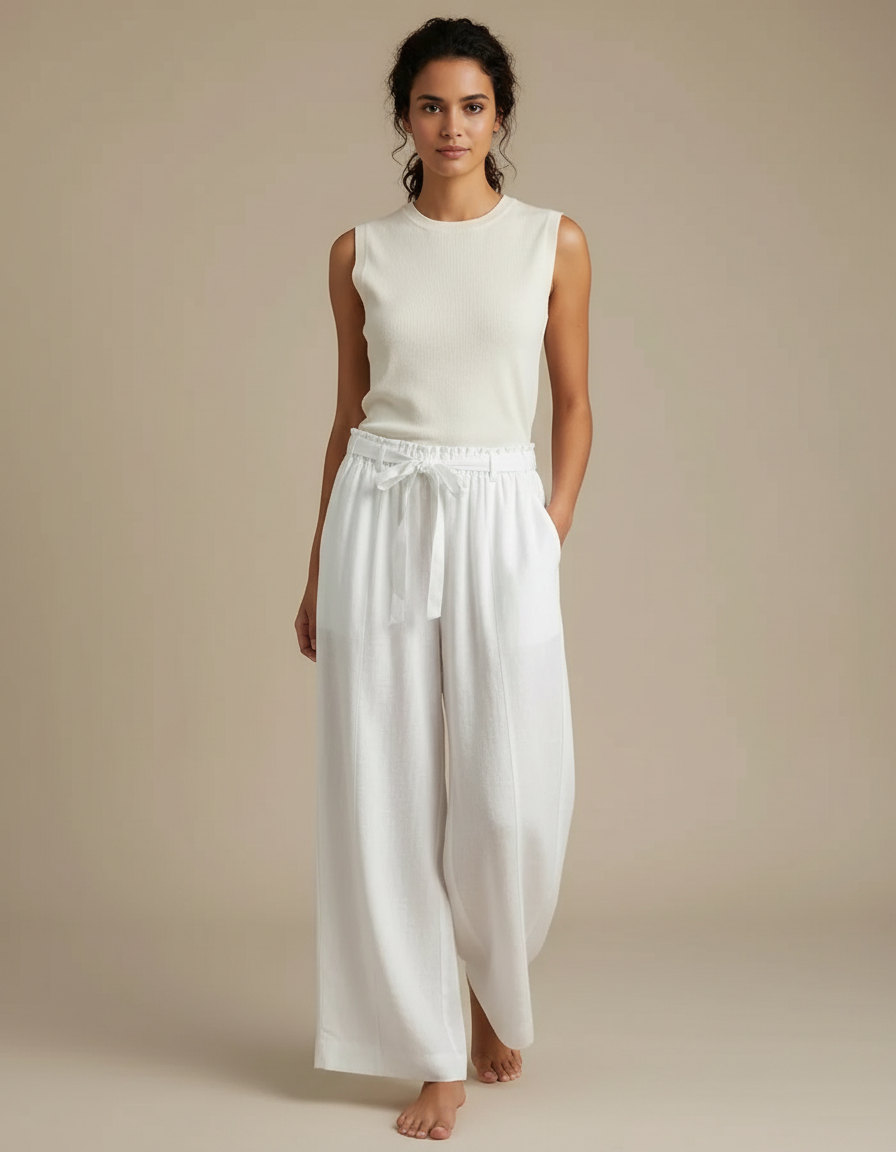 Pantalon Fluide Blanc Ample Taille Haute Lin Femme