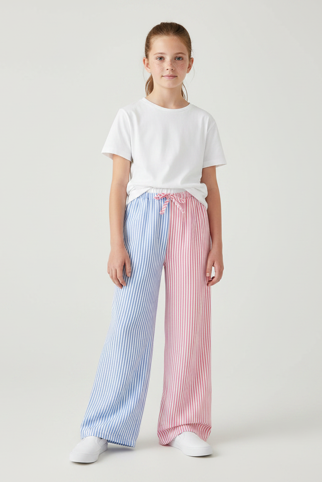 Pantalon Fluide Rayé Bicolore Ample Décontracté Fille - Multicolore Lin