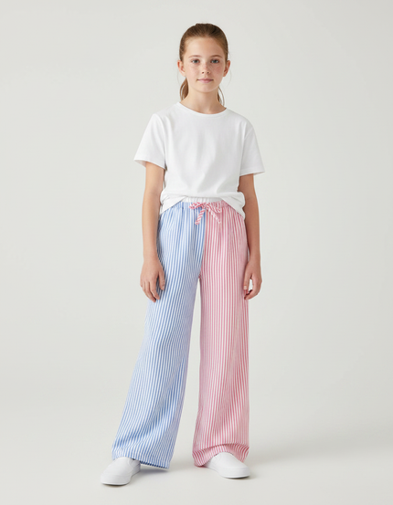 Pantalon Fluide Rayé Bicolore Ample Décontracté Fille - Multicolore Lin