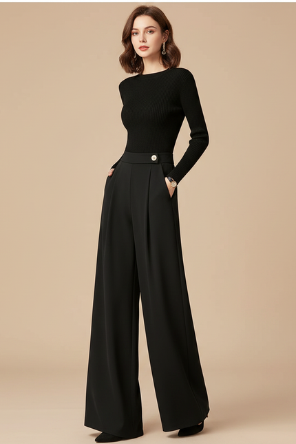 Pantalon Fluide Femme Noir Palazzo Viscose Chic Mi-saison - Polyester