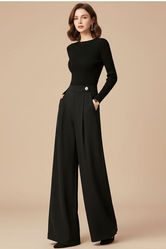 Pantalon Fluide Femme Noir Palazzo Viscose Chic Mi-saison - Polyester