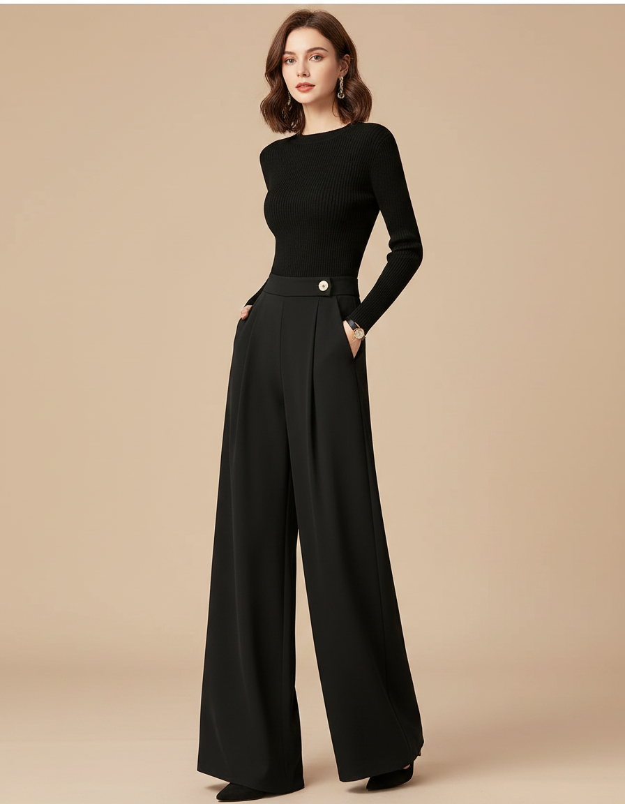 Pantalon Fluide Femme Noir Palazzo Viscose Chic Mi-saison - Polyester