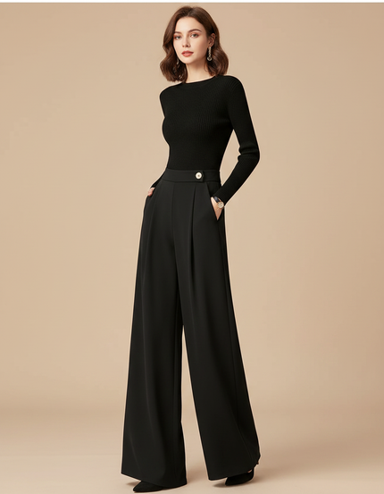 Pantalon Fluide Femme Noir Palazzo Viscose Chic Mi-saison - Polyester