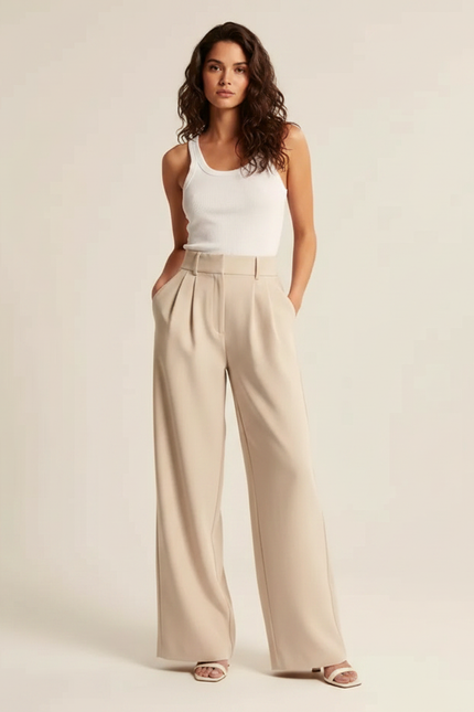 Pantalon Fluide Beige Ample Plissé Taille Haute Femme - Polyester