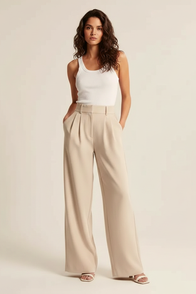 Pantalon Fluide Beige Ample Plissé Taille Haute Femme - Polyester