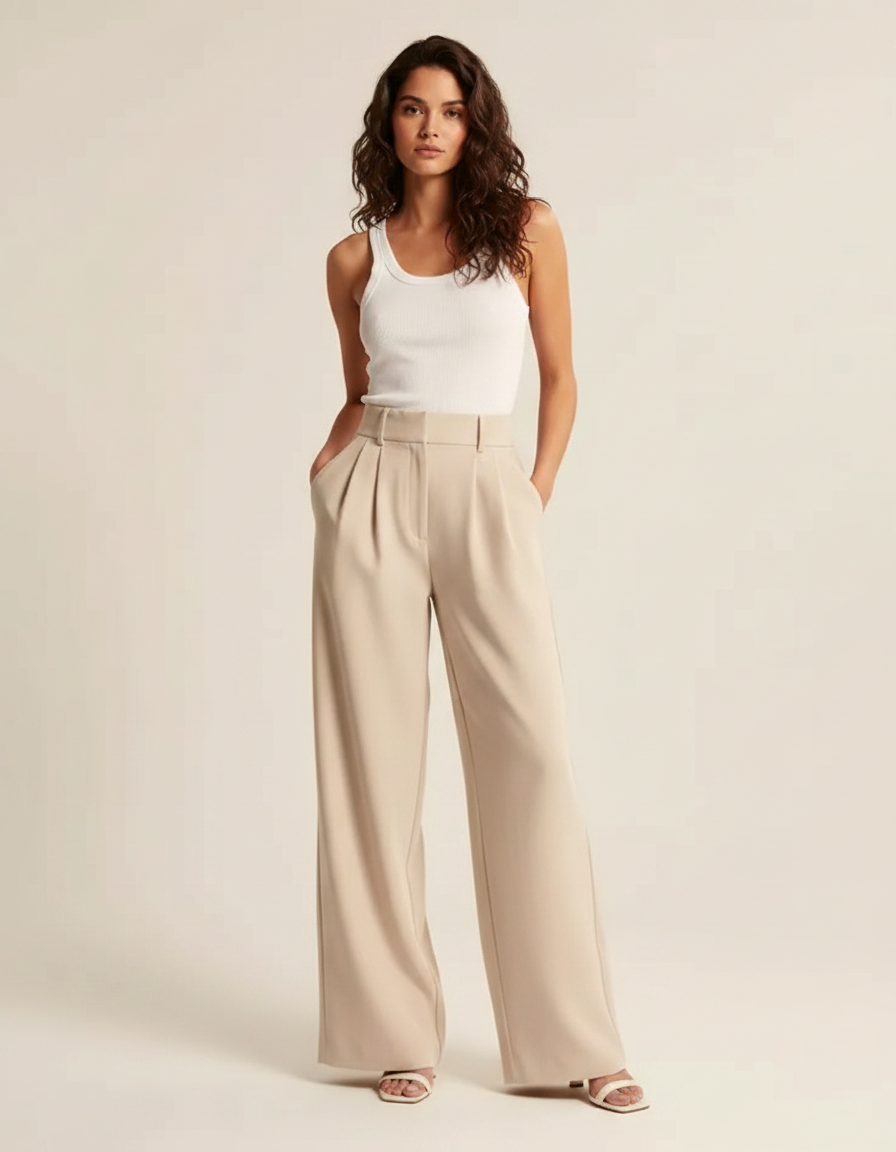 Pantalon Fluide Beige Ample Plissé Taille Haute Femme - Polyester