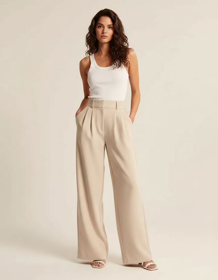 Pantalon Fluide Beige Ample Plissé Taille Haute Femme - Polyester
